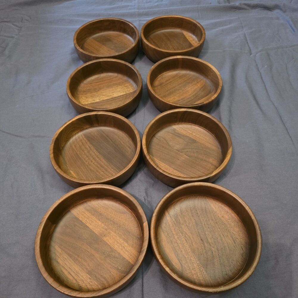 Vintage MCM Kustom Kraft Black Walnut Salad Bowls 6x2 Set of 8 Made in USA